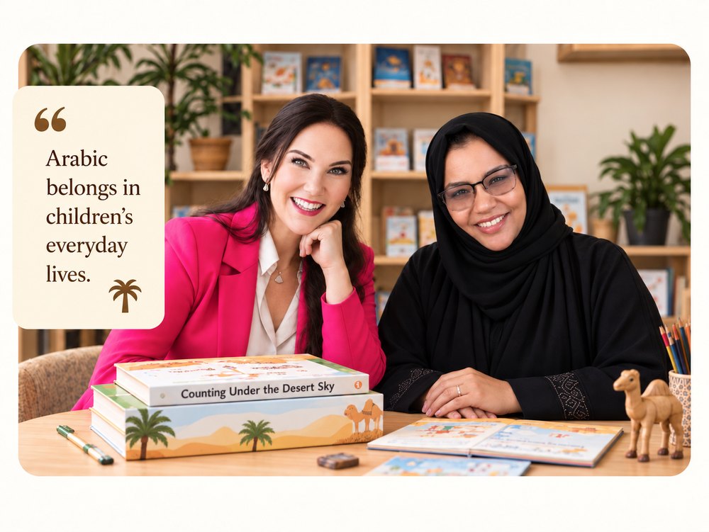 فيكتوريا هوبكن ومفيدة الدقيل جالستان معاً مع كتب قصص أكاديمية المجلس وصندوق كتب، إلى جانب عبارة «العربية جزء من حياة الأطفال اليومية»