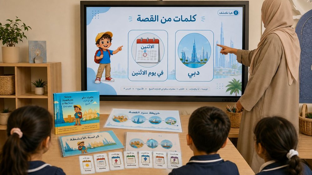 A teacher at an interactive whiteboard showing a Majlis Academy vocabulary slide in Arabic, with three children at a table in front of her, the Salim storybook, an activity book, a story map and days-of-the-week cards laid out