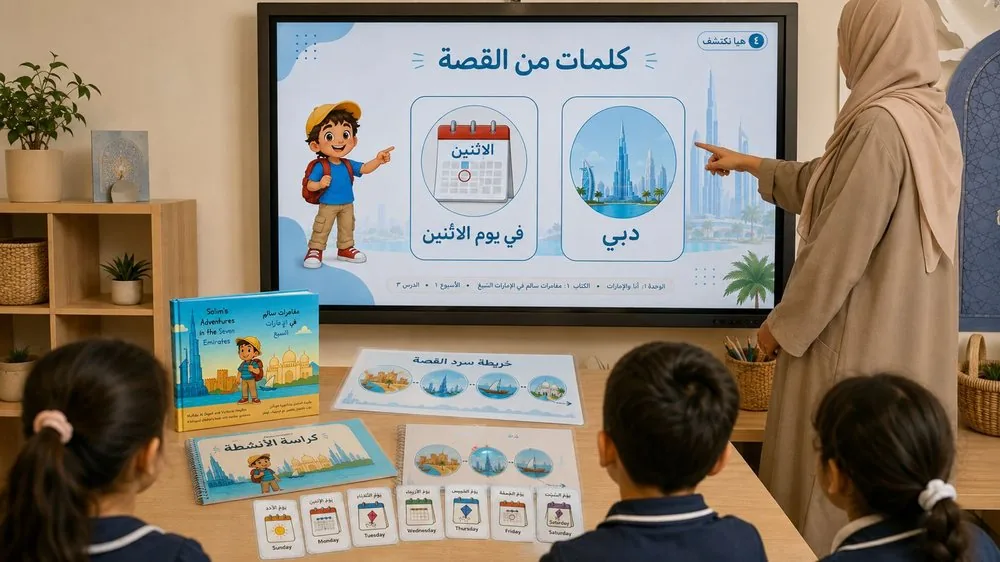 A teacher at an interactive whiteboard showing a Majlis Academy vocabulary slide in Arabic, with three children at a table in front of her, the Salim storybook, an activity book, a story map and days-of-the-week cards laid out