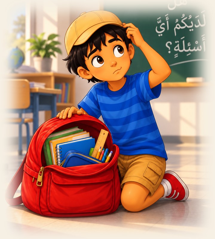 A boy kneeling beside an open red backpack full of books and pencils, looking up thoughtfully, with a blackboard behind him reading &lsquo;do you have any questions?&rsquo; in Arabic