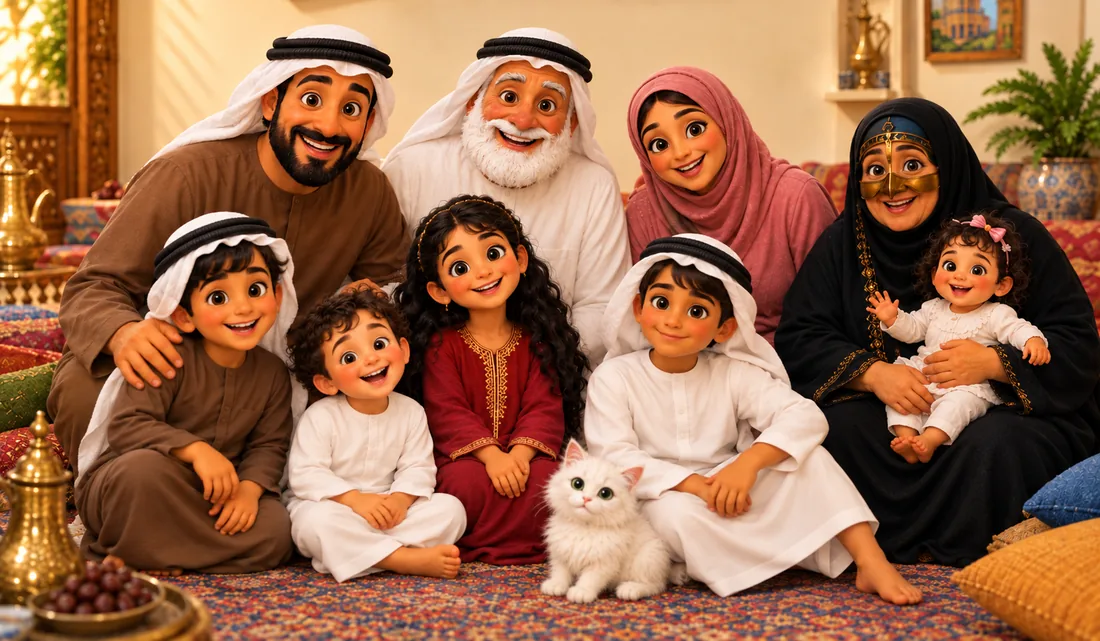 Illustration of an Emirati family at home: parents, grandparents and five children sitting together on a patterned rug, with a white kitten, coffee pots and a bowl of dates