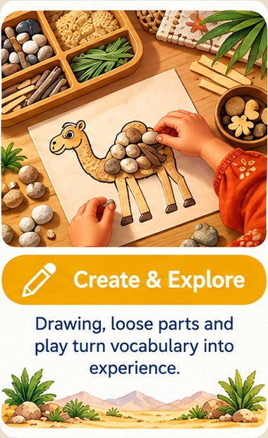 ابتكر واستكشف. الرسم والقطع الحرة واللعب تحوّل المفردات إلى تجربة. طفل يرسم جملاً بأقلام ملوّنة بجانب بطاقة مفردات.