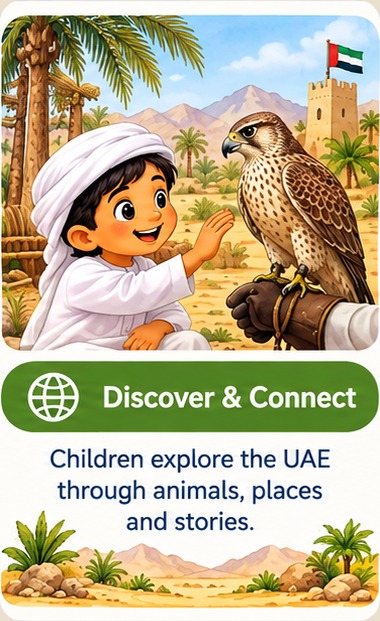 اكتشف وتواصل. يستكشف الأطفال الإمارات من خلال الحيوانات والأماكن والقصص. صقر يحلّق بجانب حصن يرفرف عليه علم الإمارات.
