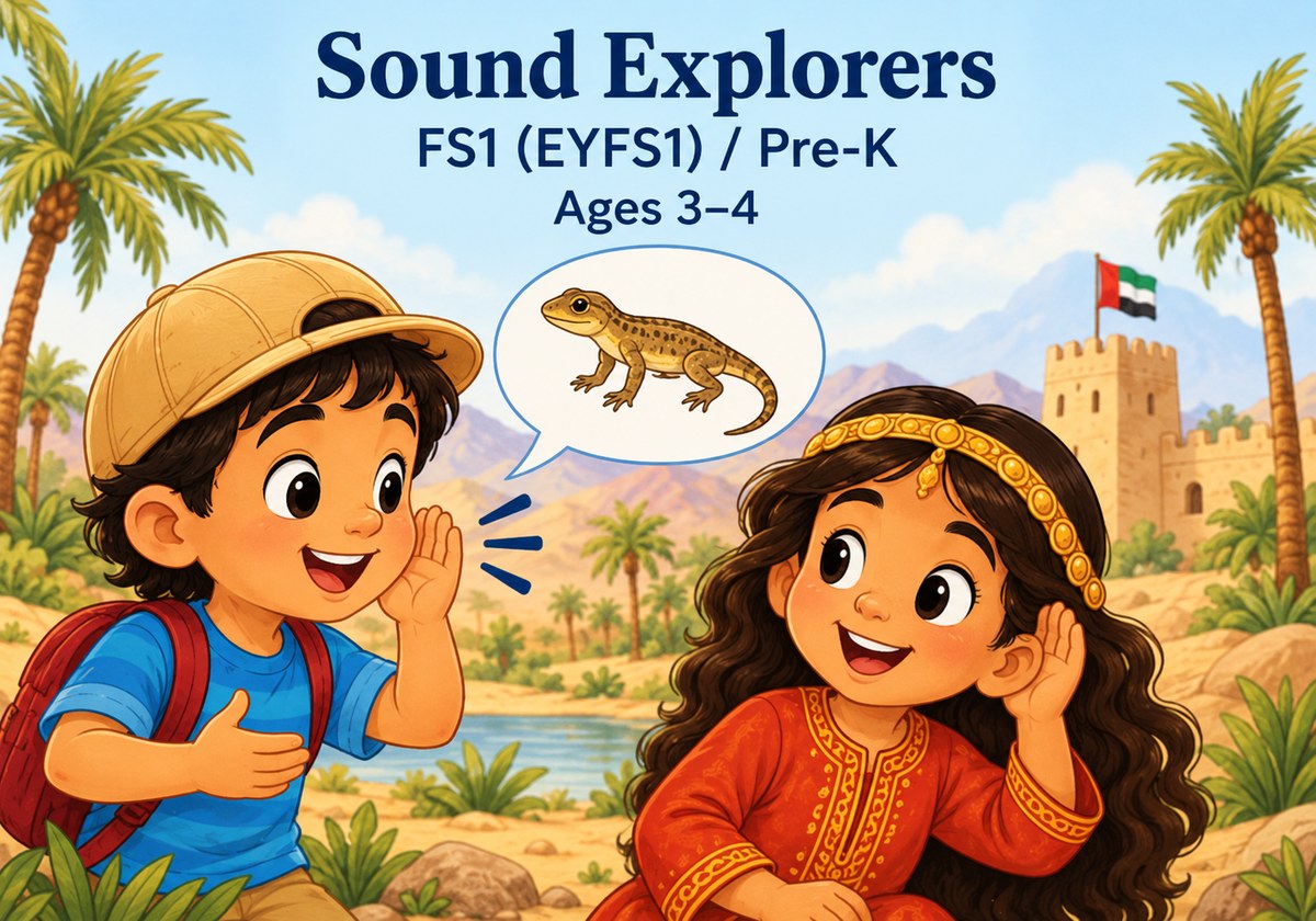 Level 1, Sound Explorers. Two children in a UAE desert setting, illustrated