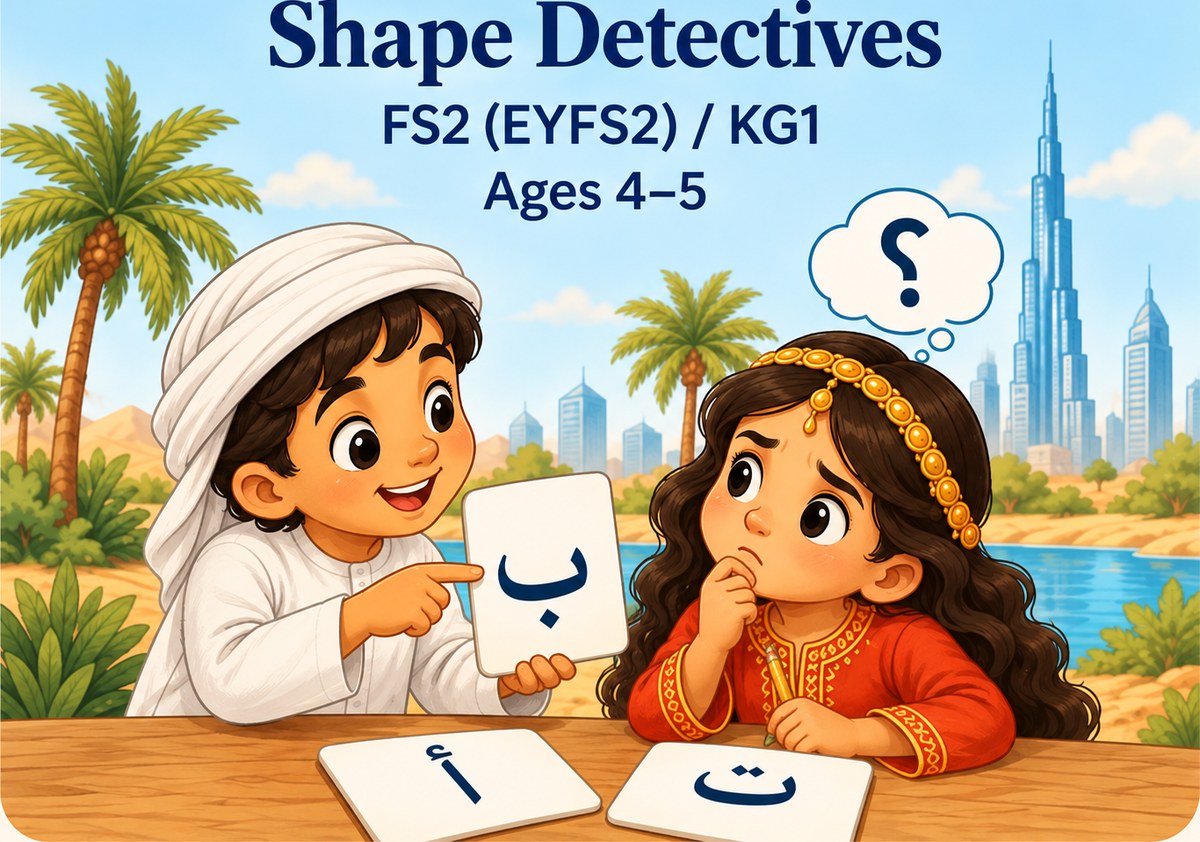 Level 2, Shape Detectives. Two children in a UAE desert setting, illustrated