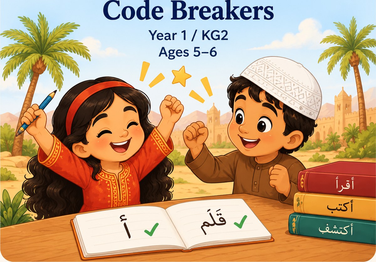 Level 3, Code Breakers. Two children in a UAE desert setting, illustrated