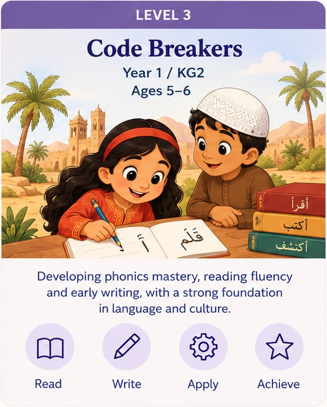 المستوى 3: فاكّو الرموز. الصف الأول / KG2، 5 إلى 6 سنوات. إتقان الصوتيات وطلاقة القراءة والكتابة المبكرة، على أساس متين من اللغة والثقافة. اقرأ، اكتب، طبّق، أنجز.