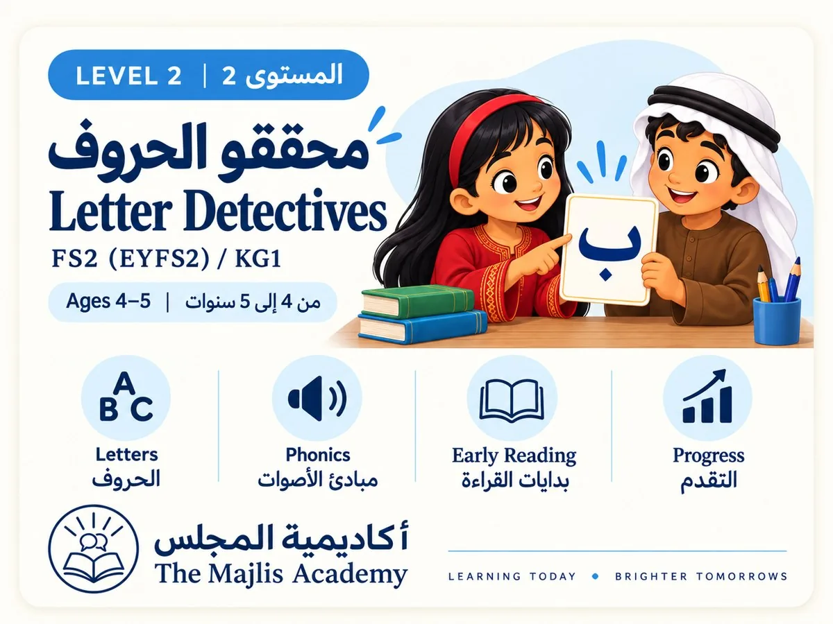 Level 2, Letter Detectives, FS2 (EYFS2) / KG1, ages 4 to 5: a girl and a boy holding up a card with the letter baa; Letters, Phonics, Early Reading, Progress