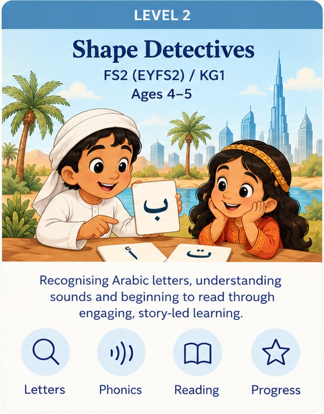 المستوى 2: محققو الأشكال. FS2 (EYFS2) / KG1، 4 إلى 5 سنوات. التعرف على الحروف العربية وفهم الأصوات وبدء القراءة من خلال تعلّم جذّاب تقوده القصص. حروف، صوتيات، قراءة، تقدّم.
