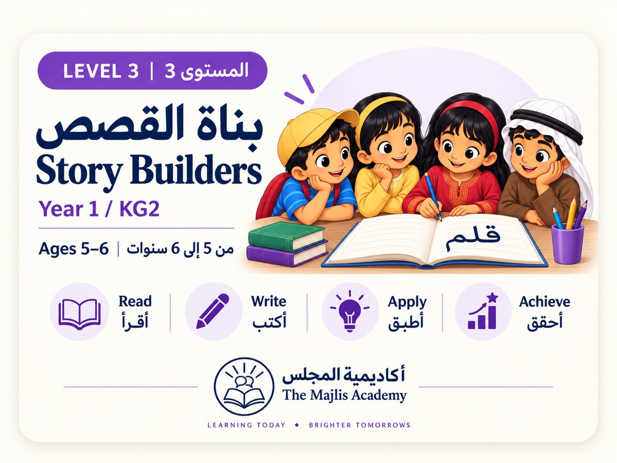 Level 3: Story Builders. Year 1 / KG2, ages 5 to 6. Developing phonics mastery, reading fluency and early writing, with a strong foundation in language and culture. Read, write, apply, achieve.