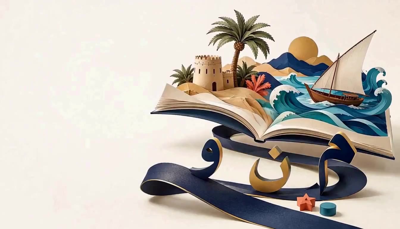 A papercraft pop-up book opening on the UAE coast: a sand fort, a palm tree, a dhow sailing on layered paper waves under a golden sun, with the Arabic letter noon on a navy ribbon curling in front of the book