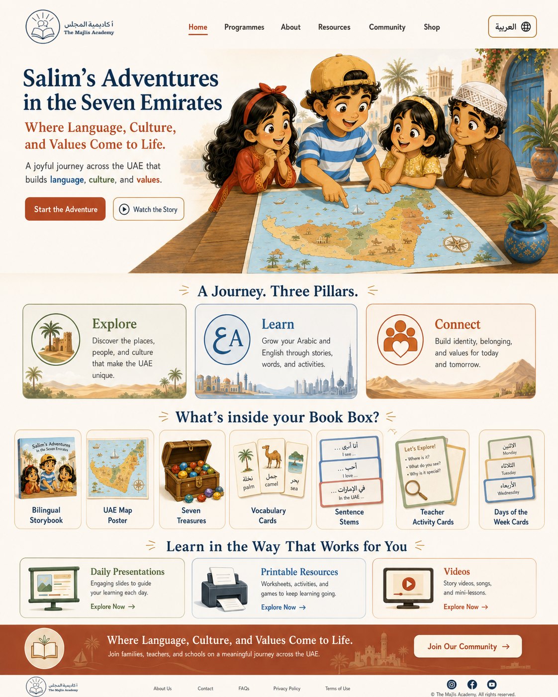 The Majlis Academy learning world - Salim's Adventures in the Seven Emirates, the Book Box contents and the three pillars