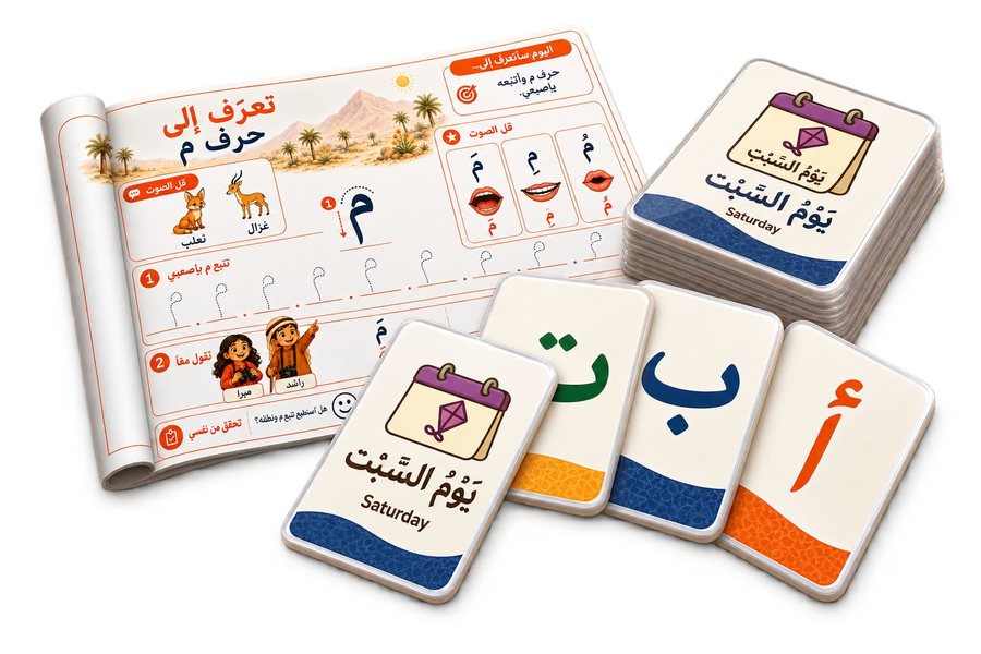 A phonics poster for the letter meem alongside Arabic letter and day-of-the-week cards
