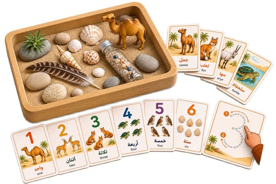 A sand tray with shells, stones and a camel figure, beside Arabic counting and animal vocabulary cards