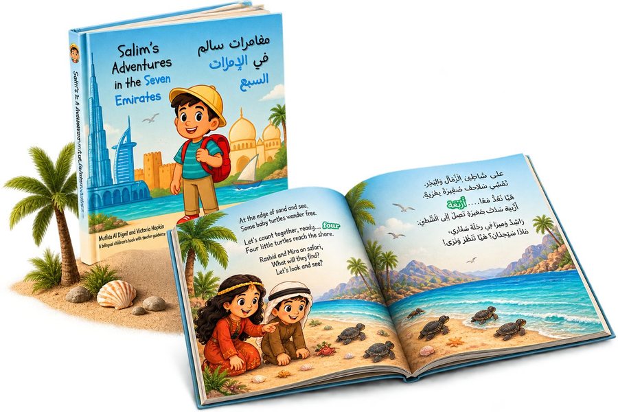Salim&rsquo;s Adventures in the Seven Emirates, shown as a cover and an open bilingual spread