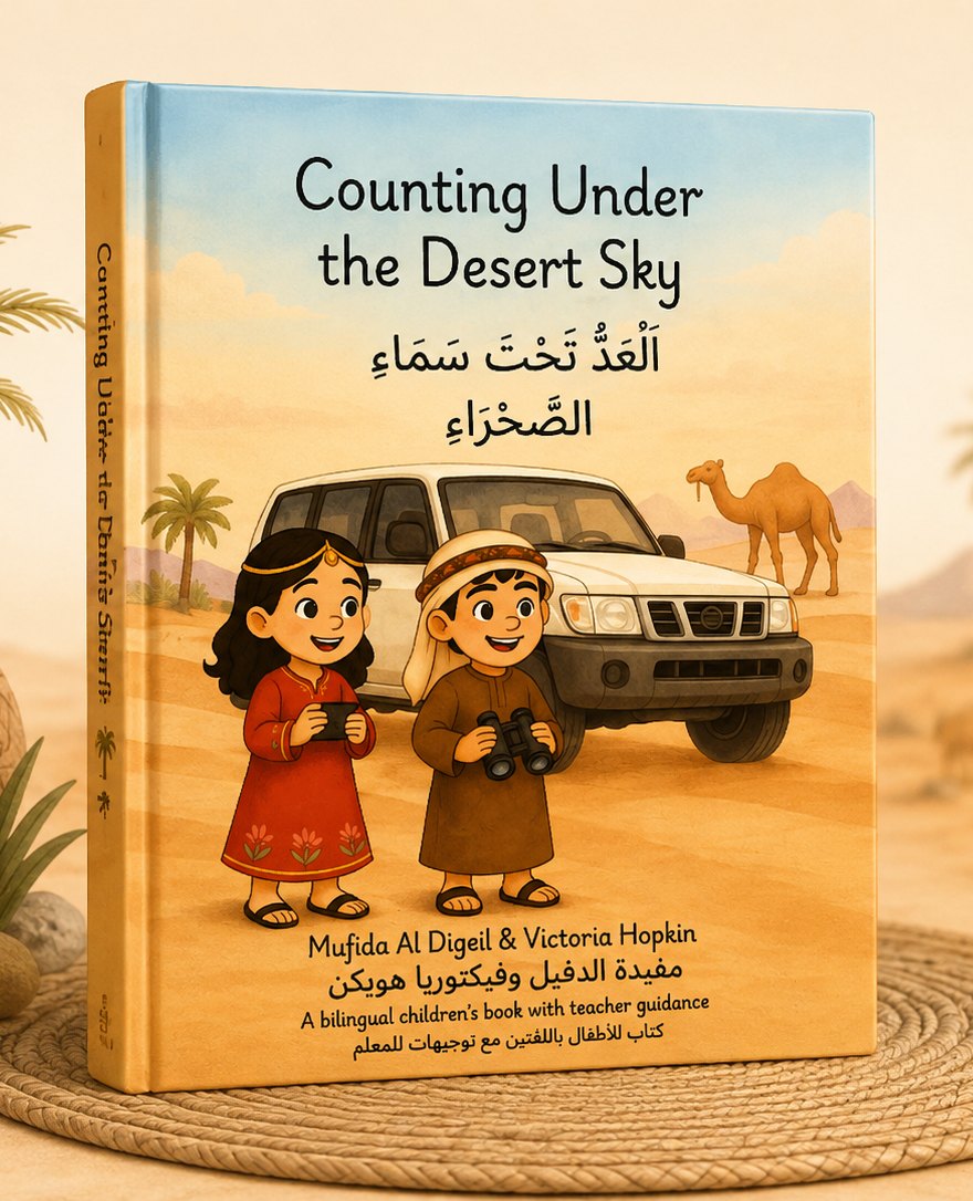 كتاب القصص ثنائي اللغة «العدّ تحت سماء الصحراء» واقفاً على حصيرة منسوجة بجانب نخلة في أصيص، وعلى غلافه ميرة وراشد بجانب مركبة صحراوية وجمل